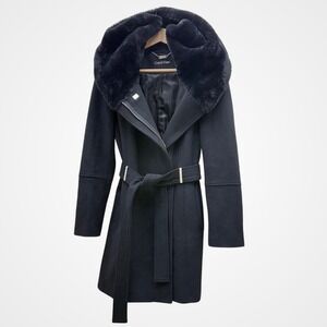 Calvin Klein Women Black Wool Blend Faux Fur Trim Belted Toggle Pea Coat XS Chic